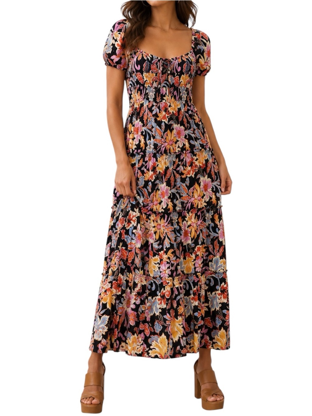 Chelsea & Violet Floral Smocked Tiered Maxi Dress Puff Sleeve Rayon Large